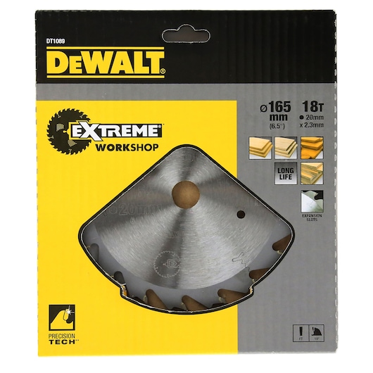 DEWALT DT1089 Extreme Workshop 165mm 18T saw blade in retail packaging for wood cutting.