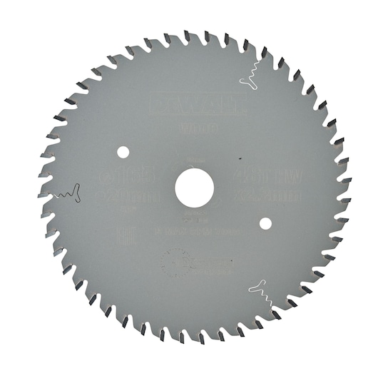 DEWALT DT1090 circular saw blade for wood, silver color, with multiple teeth and center hole.