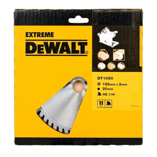 DEWALT DT1090 saw blade packaging, 165mm diameter, 48 teeth, for wood, yellow and black box.