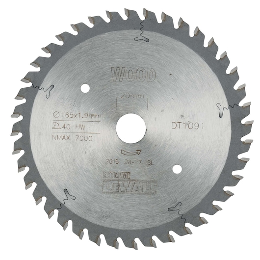 DEWALT DT1091 circular saw blade for wood, 165mm diameter, 40 teeth, silver color, central hole visible.