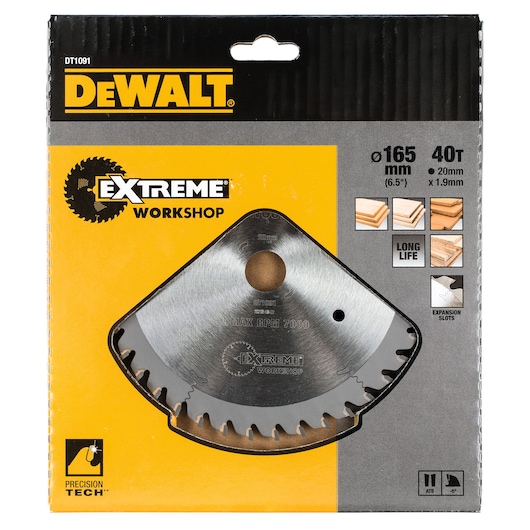 DEWALT DT1091 Extreme Workshop saw blade, 165mm, 40 teeth, in yellow and black packaging for wood cutting.