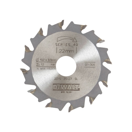 DEWALT DT1306 circular saw blade, Series 40, 22mm center, 12 teeth, for woodworking.