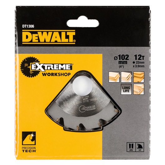 DEWALT DT1306 Extreme Workshop saw blade, 102mm, 12 teeth, for wood. Features long life and Precision Tech.