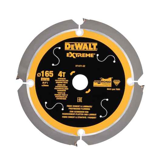 DEWALT DT1471 Extreme saw blade for fibre cement and laminate. 165mm diameter, 4 synthetic diamond teeth.