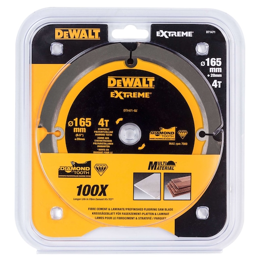 DEWALT DT1471 Extreme saw blade for multi-material, 165mm diameter, diamond tooth, in plastic packaging.
