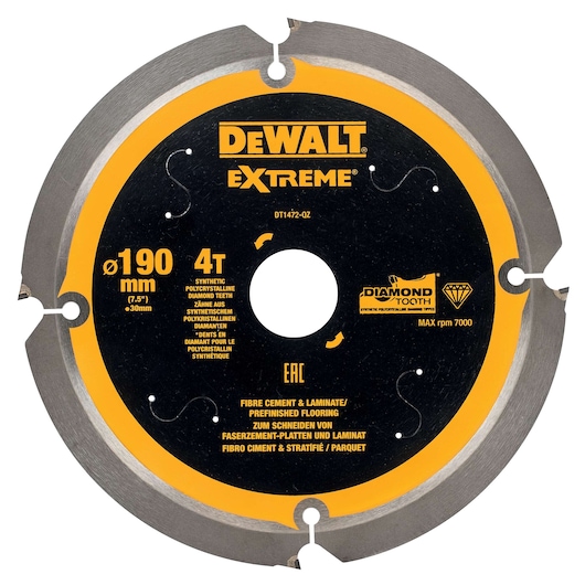 DEWALT DT1472 Extreme saw blade for fiber cement and laminate, 190mm diameter, 4T, diamond tooth.