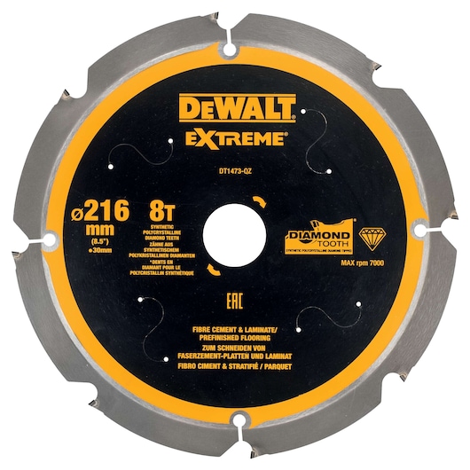 DEWALT DT1473 Extreme circular saw blade for fibre cement and laminate, 216mm diameter, 8 teeth.