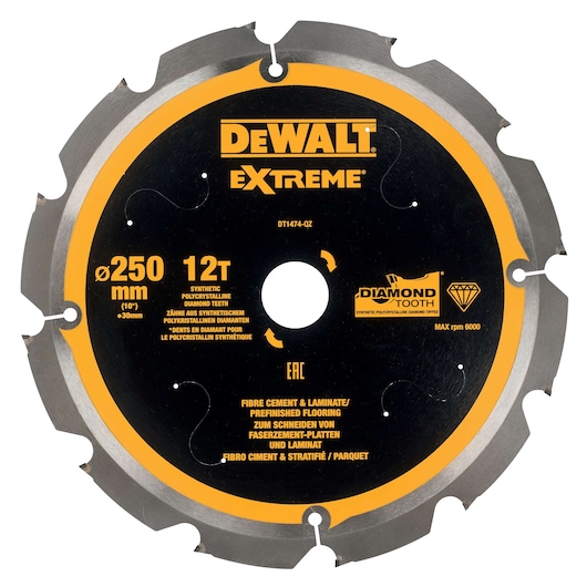 DEWALT Extreme 250mm 12T circular saw blade for cutting fibre cement, laminate, and flooring.