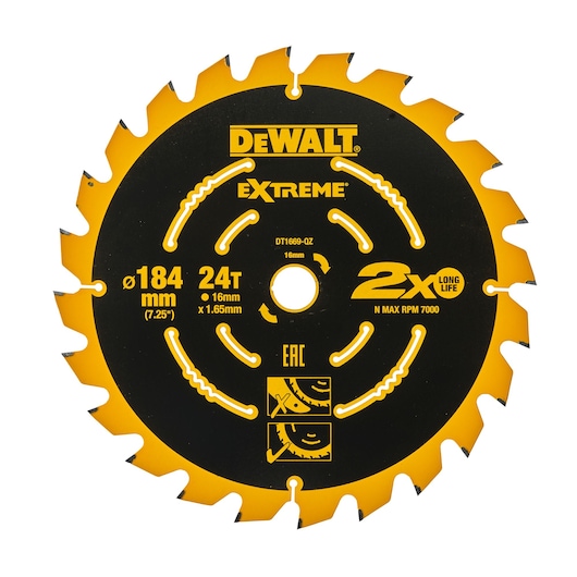 DEWALT DT1669 Extreme 184mm 24T circular saw blade for cutting, yellow and black design.
