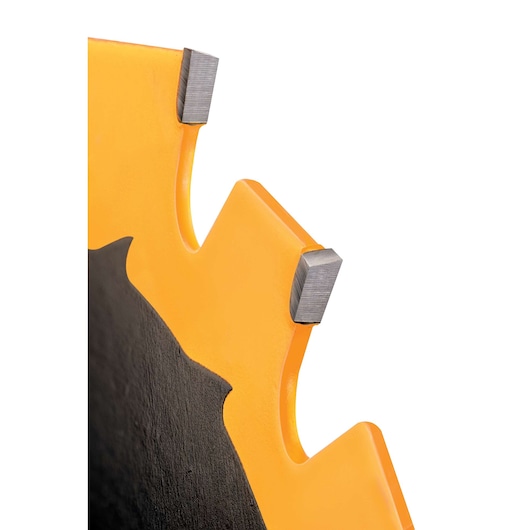 Close-up view of the edge and teeth of a DEWALT circular saw blade, featuring sharp, durable carbide tips and a yellow and black finish.