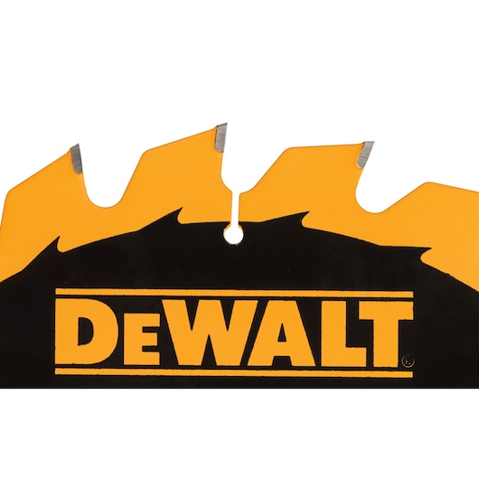 Close-up of a DEWALT branded circular saw blade with sharp teeth, featuring the yellow and black DEWALT logo.