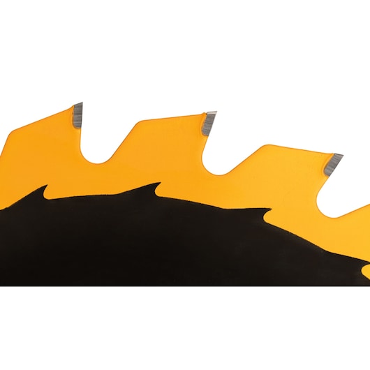 Close-up of a DEWALT DT1669 saw blade showing its sharp teeth and yellow and black coloring.