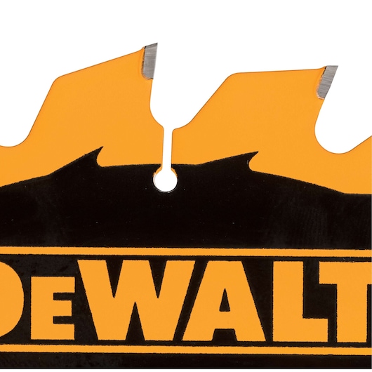 Close-up image of a DEWALT circular saw blade showing the orange and black color design, sharp metal teeth, and part of the DEWALT logo.