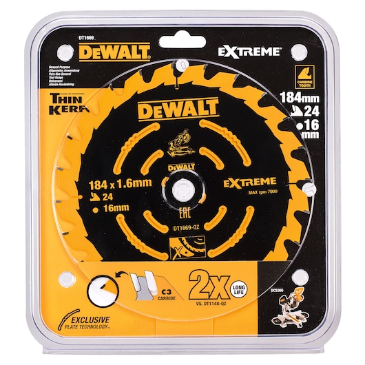 DEWALT DT1669 circular saw blade in packaging, 184mm, Extreme series, carbide teeth for general purpose cutting.