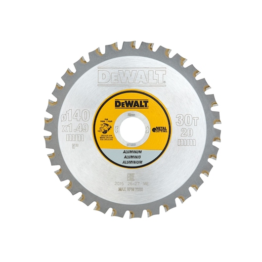 DEWALT DT1910 circular saw blade for cutting aluminum, 140mm 30T, silver and yellow, shown on white background.