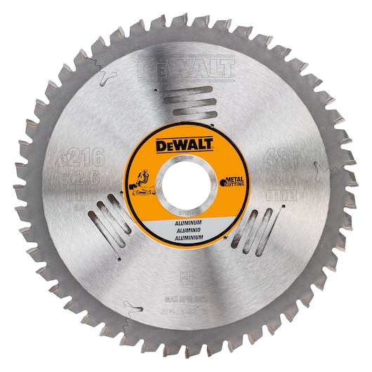 DEWALT DT1914 metal cutting saw blade for aluminum, 216mm diameter, 48 teeth, circular blade.