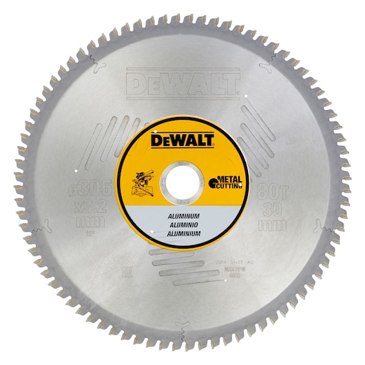 DEWALT circular saw blade for metal cutting, 305mm diameter, 80 teeth, designed for aluminum.