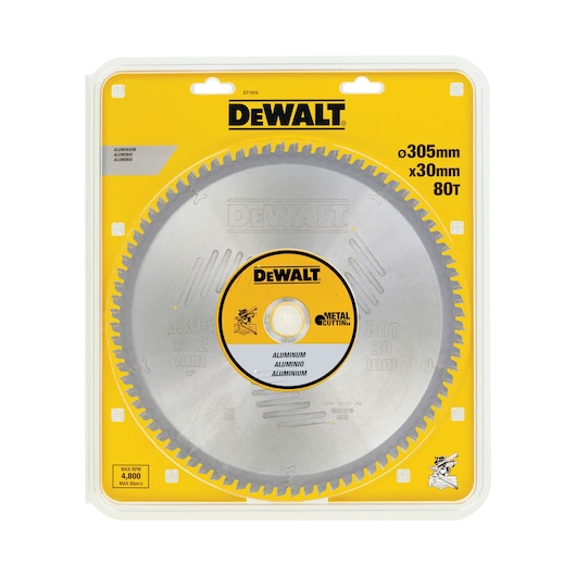 DEWALT DT1916 metal cutting saw blade for aluminium, 305mm diameter, 80 teeth, in yellow and clear packaging.