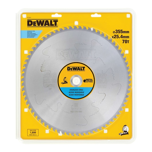 DEWALT DT1921 circular saw blade for metal cutting, 355mm diameter, 70 teeth, stainless steel, in yellow packaging.