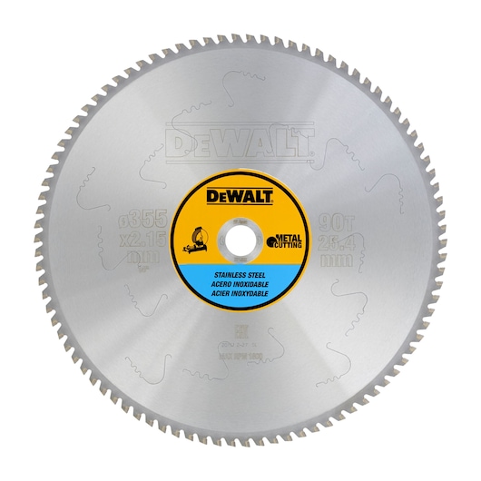 DEWALT stainless steel circular saw blade for metal cutting, 355mm diameter and 90 teeth.
