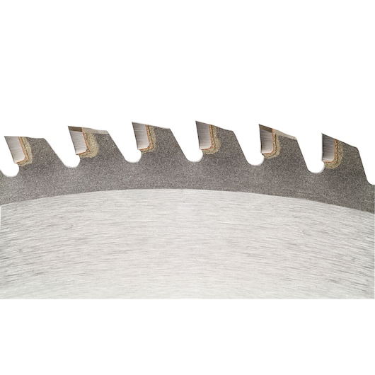 Close-up of DEWALT DT1922 circular saw blade teeth for woodworking and cutting.