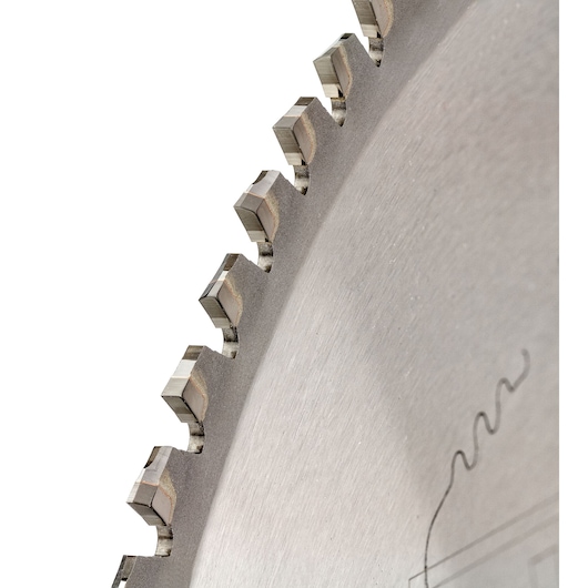 Close-up of a DEWALT DT1922 circular saw blade with sharp metal teeth on a white background.