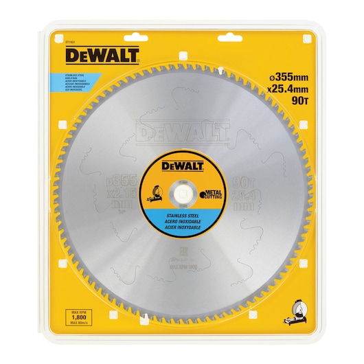 DEWALT DT1922 metal cutting circular saw blade in packaging. Stainless steel. 355mm diameter, 90 teeth.