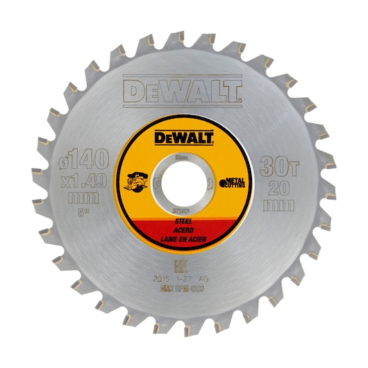 DEWALT DT1923 steel saw blade, 140mm diameter, 30 teeth, designed for metal cutting.