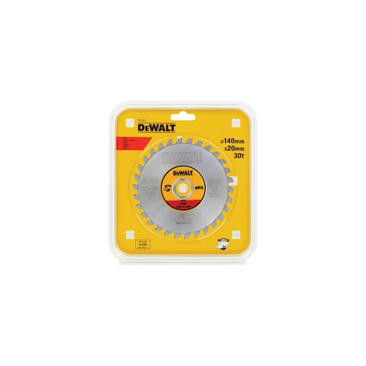DEWALT DT1923 circular saw blade in yellow packaging, 140mm diameter, 30 teeth, for woodworking tasks.