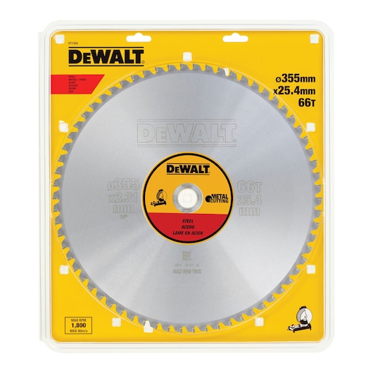DEWALT DT1926 steel cutting saw blade, 355mm diameter, 66 teeth, in yellow packaging.