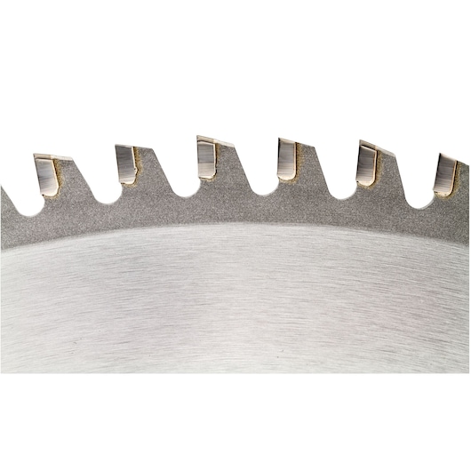 Close-up of the DEWALT DT1927 circular saw blade teeth on a white background.