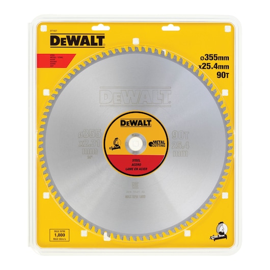 DEWALT DT1927 steel cutting saw blade, 355mm diameter, 90 teeth, in yellow and clear retail packaging.