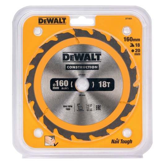 DEWALT DT1931 160mm 18T circular saw blade for construction, packaged in clear plastic case.