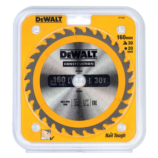 DEWALT DT1932 160mm circular saw blade in yellow packaging, construction series, for woodcutting.