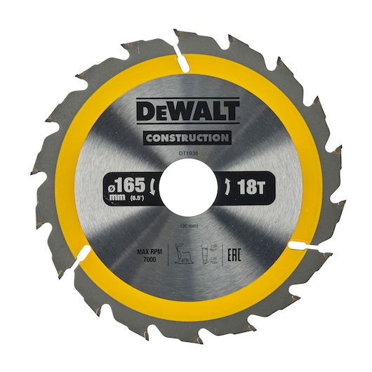 DEWALT DT1936 circular saw blade, 165 mm diameter, 18 teeth, silver and yellow, for construction use.