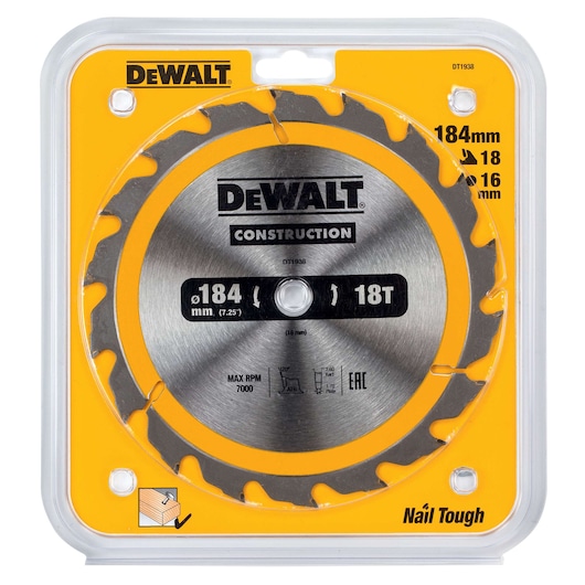 DEWALT DT1938 184mm circular saw blade for construction, 18 teeth, max 7000 RPM, packaged in yellow plastic.