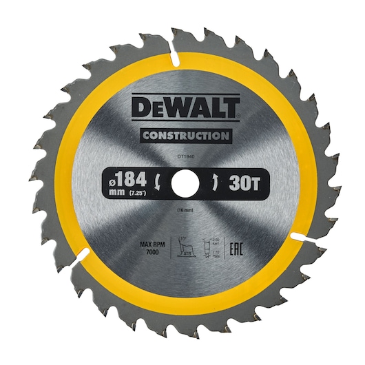DEWALT DT1940 circular saw blade, 184mm diameter, 30 teeth, silver with yellow trim.