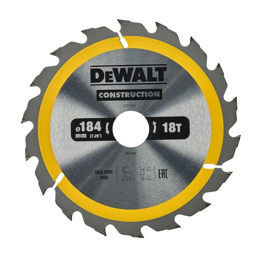 DEWALT DT1941 circular saw blade, 184 mm diameter, 18 teeth, for construction use.