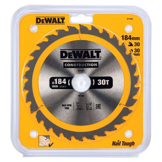 DEWALT DT1942 circular saw blade in packaging, 184mm diameter, 30 teeth, for construction and wood cutting.