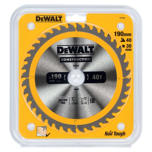DEWALT DT1945 circular saw blade, 190mm, 40 teeth, for construction, in yellow and clear packaging.