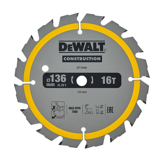 DEWALT DT1946 circular saw blade, 136mm diameter, 16 teeth, gray with yellow ring, for construction use.