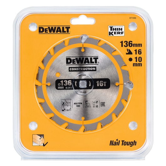 DEWALT DT1946 136mm circular saw blade in yellow packaging, labeled Construction and Nail Tough.