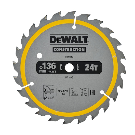 DEWALT DT1947 circular saw blade with 24 teeth, 136 mm diameter, grey with a yellow ring, designed for construction use and marked with technical specifications.