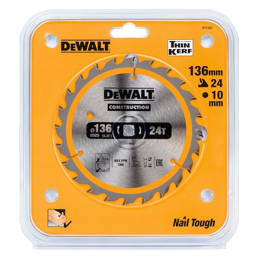 DEWALT DT1947 circular saw blade, 136mm diameter, 24 teeth, for construction, in orange packaging.