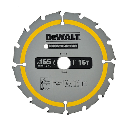 A DEWALT DT1948 circular saw blade designed for construction, featuring a diameter of 165 mm, 16 teeth, and a maximum RPM of 7000. The blade has a grey surface with yellow detailing and labeled specifications.