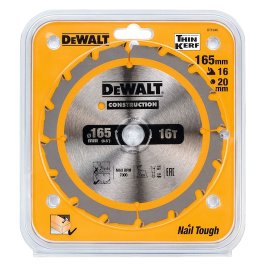 DEWALT DT1948 165mm circular saw blade for construction, thin kerf, 16 teeth, nail tough, in plastic packaging.
