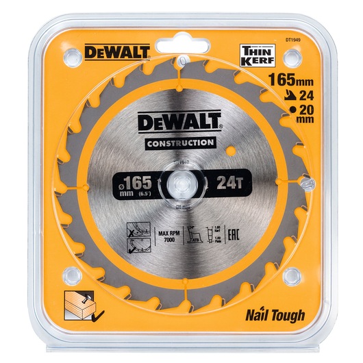 DEWALT 165mm circular saw blade, 24 teeth, in packaging. For construction and nail-tough wood cutting.