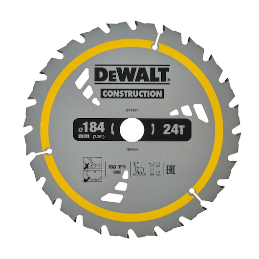 DEWALT DT1951 circular saw blade, 184mm diameter, 24 teeth, for construction, silver with yellow ring.