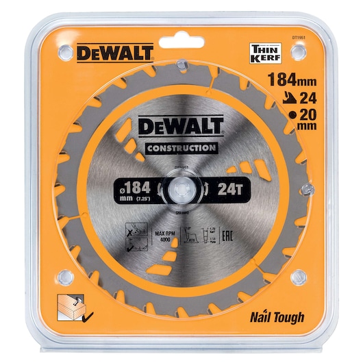 DEWALT DT1951 circular saw blade, 184mm diameter, 24 teeth, for construction, in branded packaging.