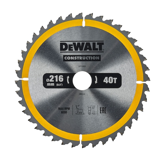 DEWALT DT1953 circular saw blade, 216mm diameter, 40 teeth, silver with yellow rim, for construction cutting.
